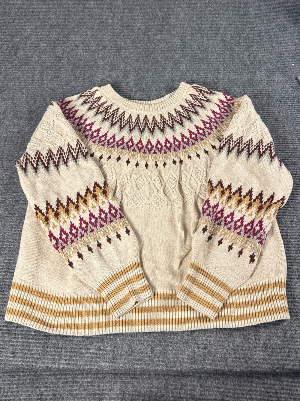 Sundance Cream Fair Isle Crewneck Sweater with Pink and Mustard Accents